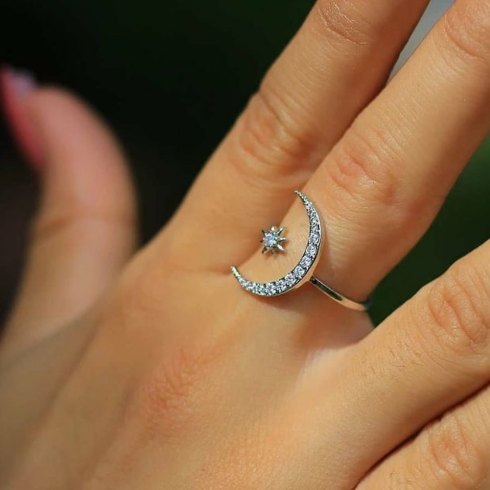 STAR MOON 925 STERLING SILVER DIAMOND RING, CUTE RING, SHINY RING. - Picture 6 of 8